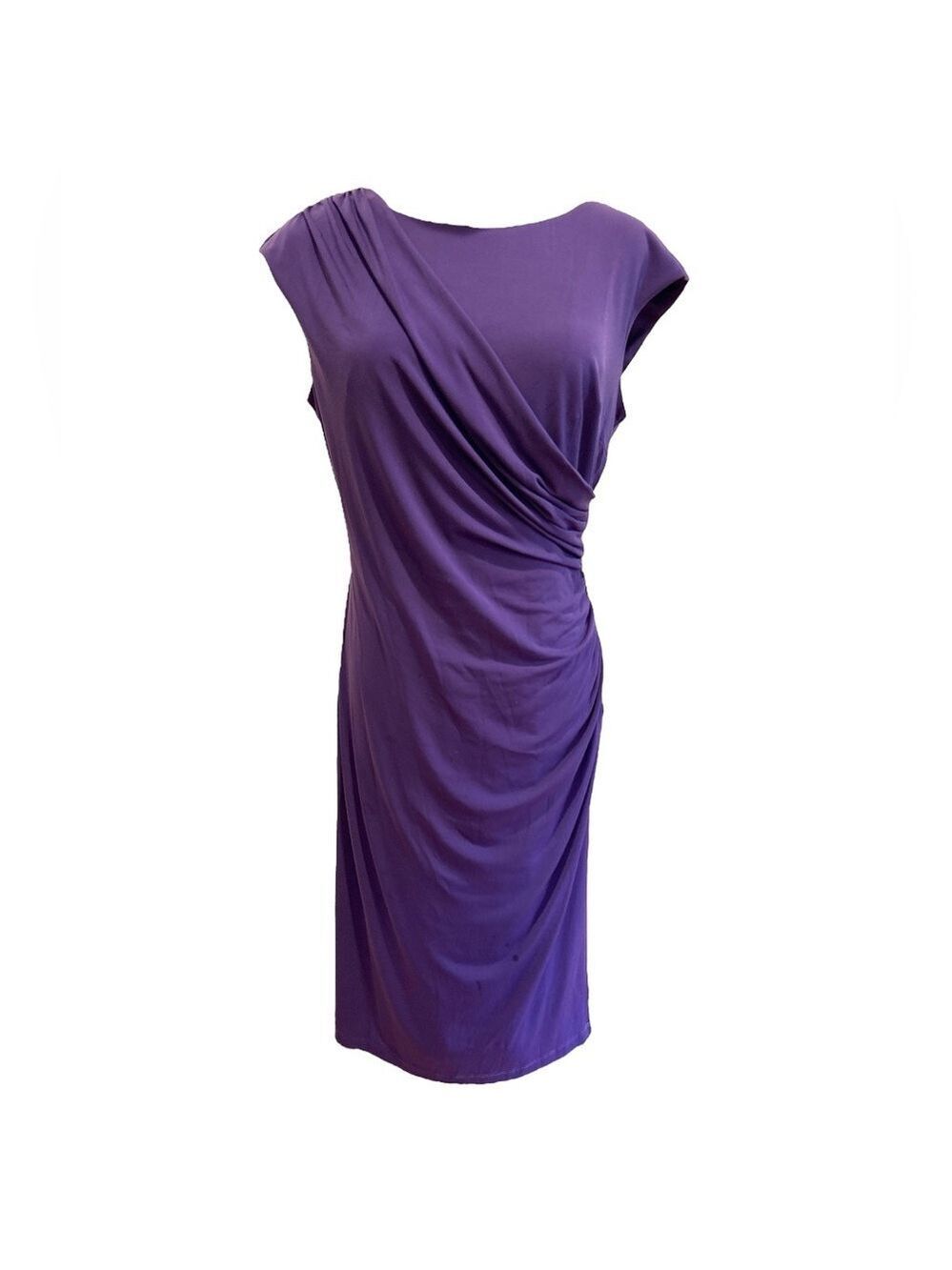 90s CONNECTED APPAREL PURPLE BOAT NECK BODYCON W PANEL OF DRAPED RUCHING SZ 12